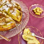 Rhubarb cake ~ quick and tasty! Cake with slice and compote on table