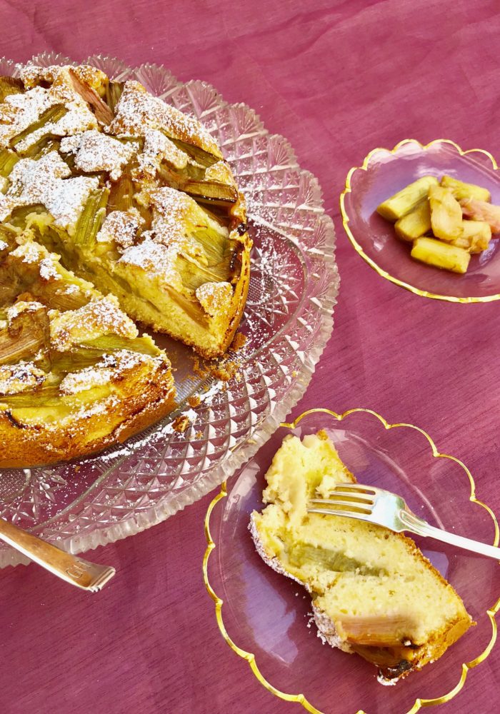 Rhubarb cake ~ quick and tasty! Cake with slice and compote on table