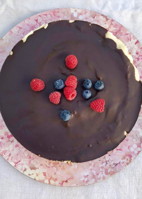 Vegan Semolina cake with Chocolate & Rasberries cake view from top